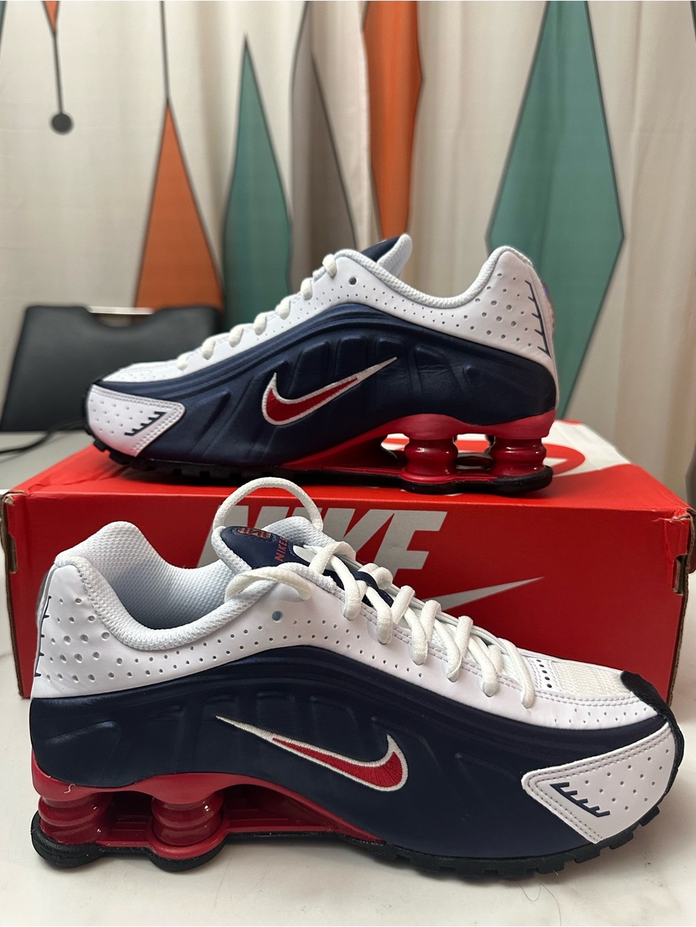 Nike Men’s White/Navy/Red Shox Sneakers